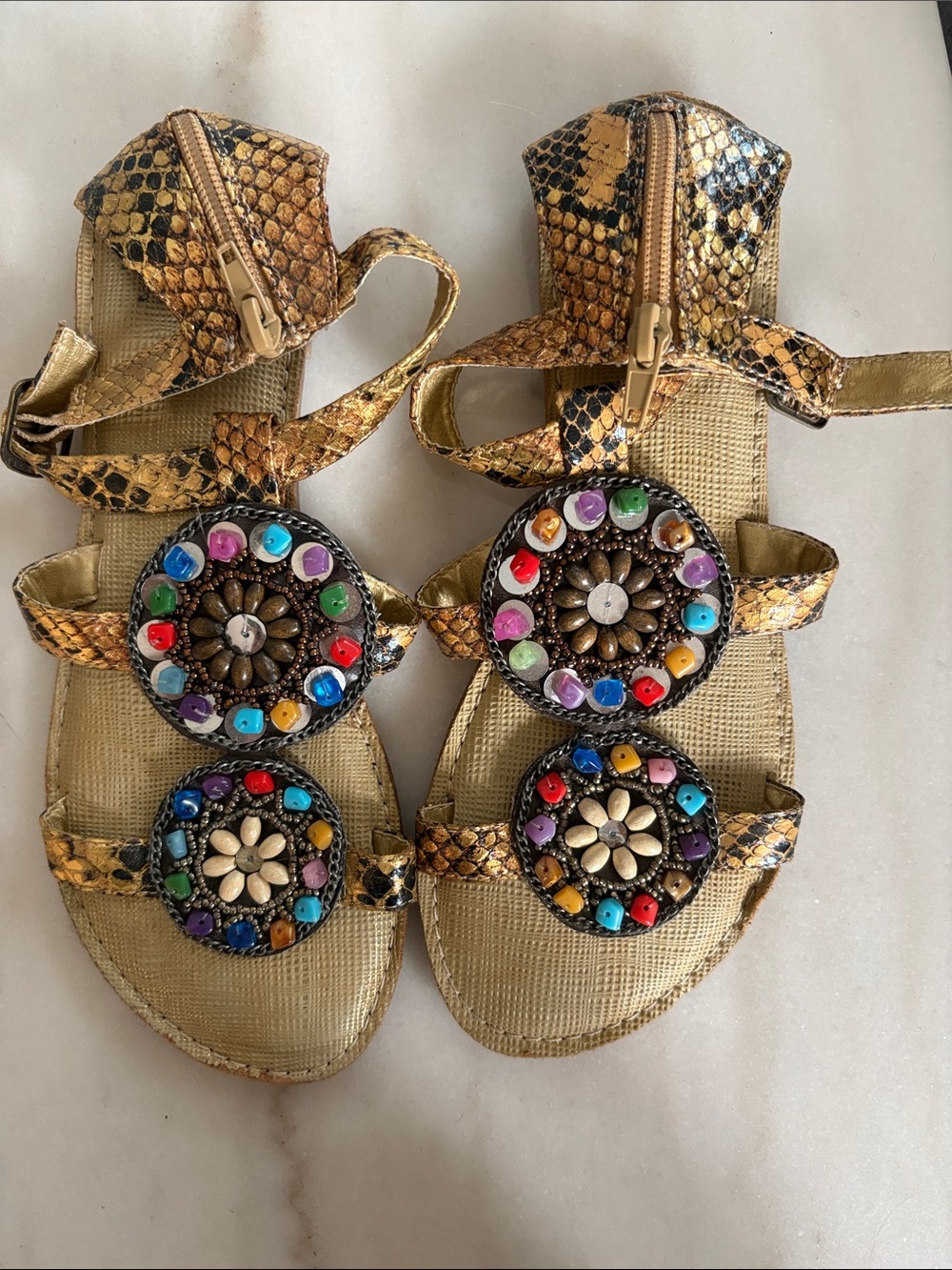 BKE Gold Snake-Print Sandals with Multicolor Beaded Medallions
